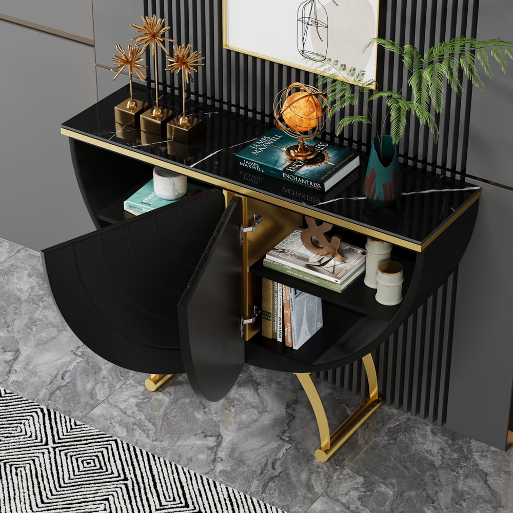 Modern Gold Console Table Sintered Stone Top Entryway Storage Cabinet with Doors window image
