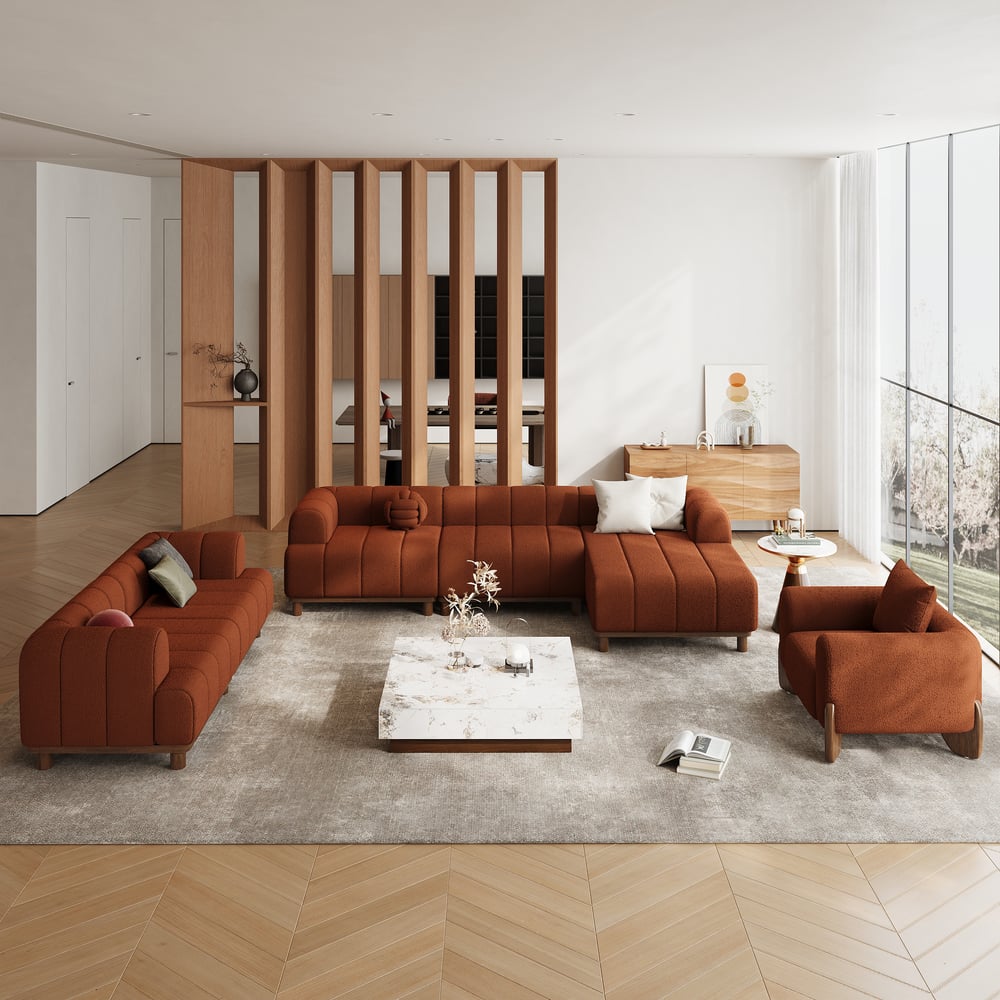 Chaise sectionnelle en L bouclée 3 pièces de 3000 mm avec pieds en bois image de fenêtre