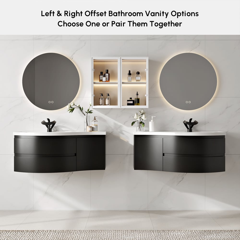 900mm Floating Curved Bathroom Vanity in Black Right Offset Single Sink Bathroom Cabinet window image