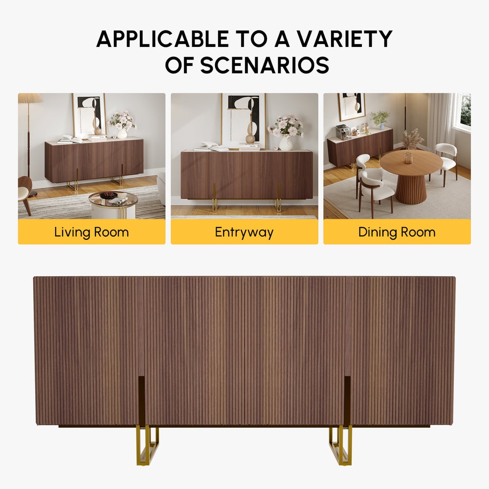 Credenza da buffet Grovyn, 1600 mm, piano in pietra sinterizzata, in noce scanalato, con ripiani regolabili Immagine della finestra