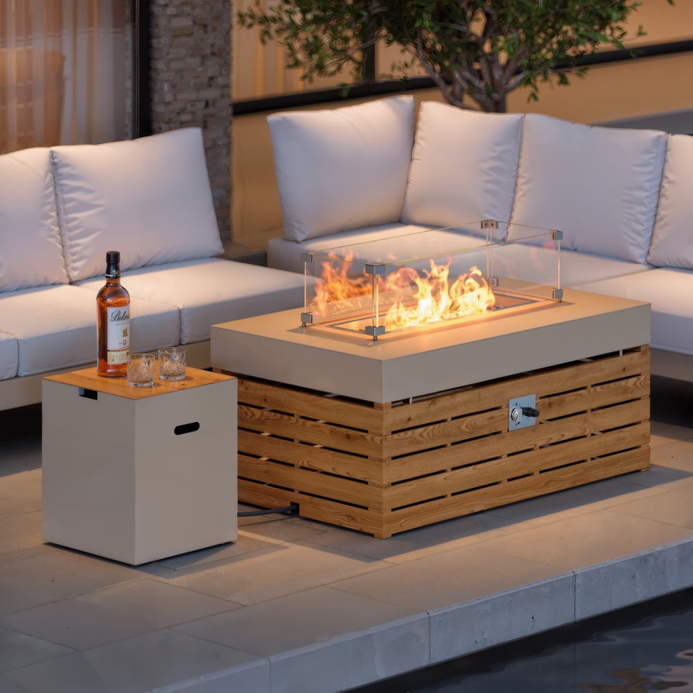 Palenisko na propan, z wiatrochronem szklanym, na taras, patio, ogród, podwórko obraz okna