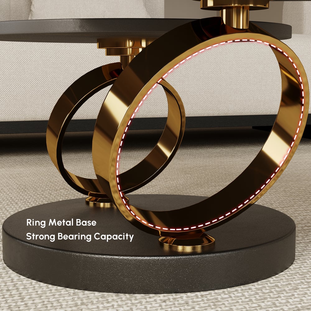 Modern Black Extendable Coffee Table with Ring-shaped Metal Pedestal window image