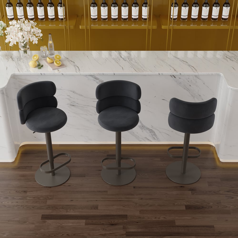Affordable Modern Adjustable Swivel Bar Stools with Velvet Upholstery Black window image