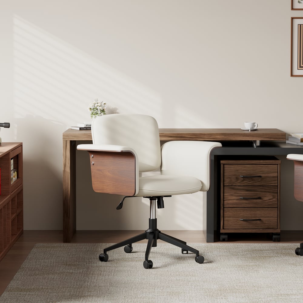 Wood & Faux Leather Office Chair - Ergonomic Adjustable Swivel (Warm White) window image