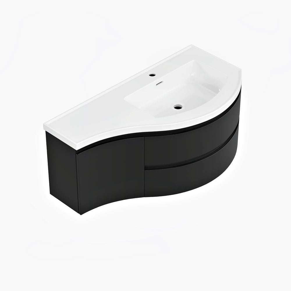 Floating Curved Bathroom Vanity in Black & Round LED Medicine Cabinet Set Right Offset window image