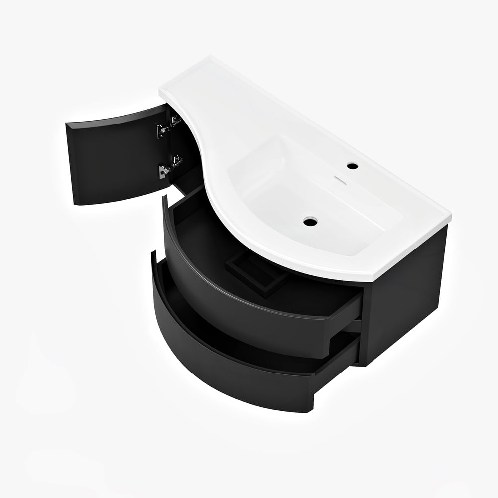 Floating Curved Bathroom Vanity in Black & Round LED Medicine Cabinet Set Right Offset window image