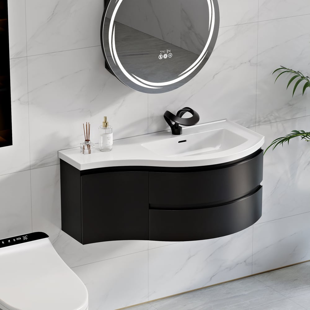 900mm Floating Curved Bathroom Vanity in Black Right Offset Single Sink Bathroom Cabinet window image