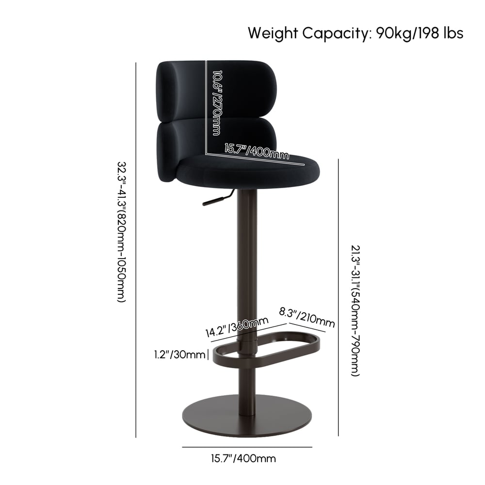 Affordable Modern Adjustable Swivel Bar Stools with Velvet Upholstery Black weights dimensions image