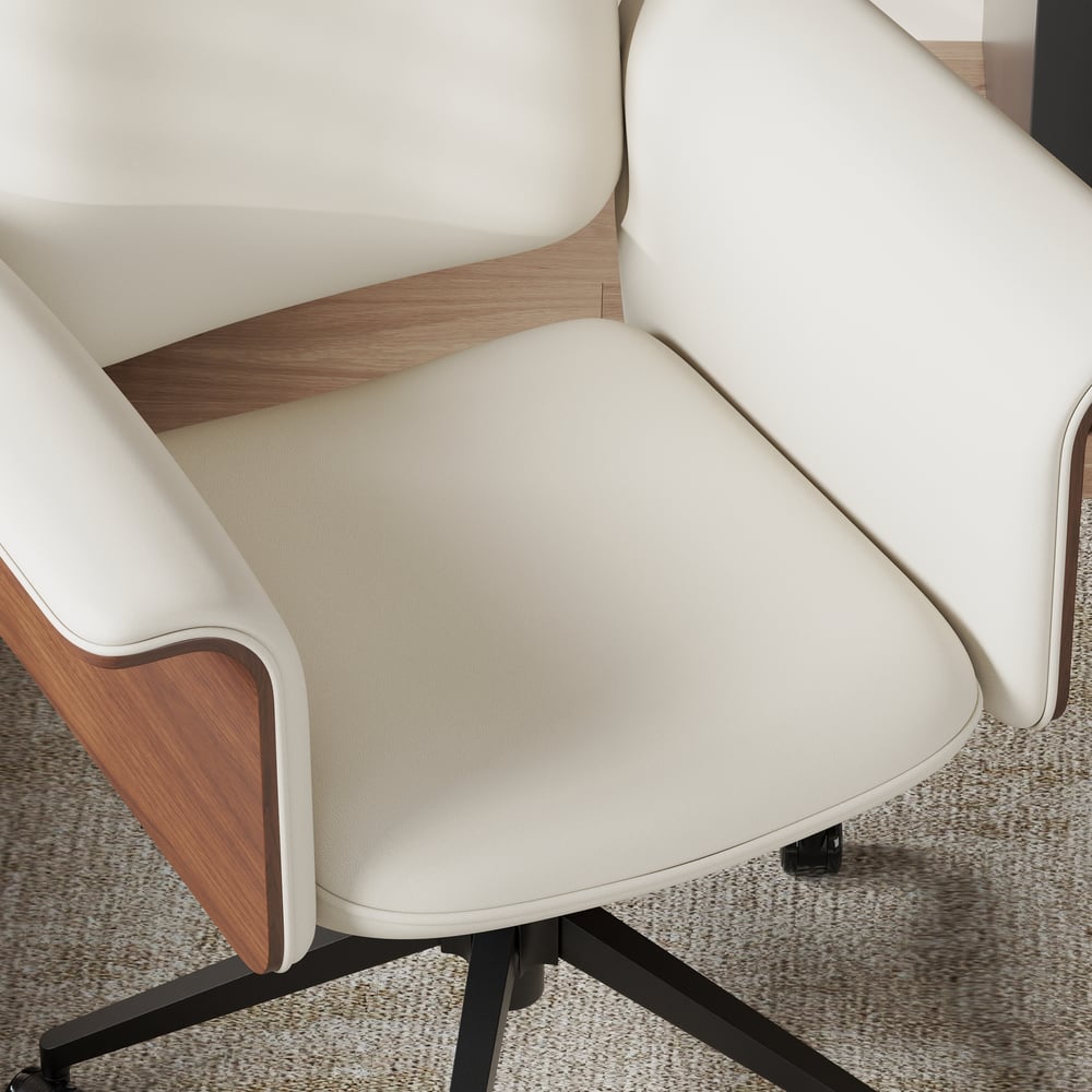 Wood & Faux Leather Office Chair - Ergonomic Adjustable Swivel (Warm White) window image