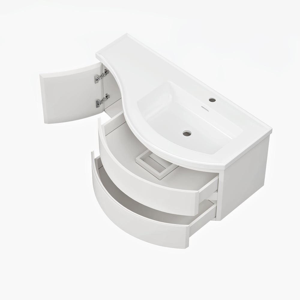Floating Curved Bathroom Vanity in White & Round LED Medicine Cabinet Set Right Offset window image