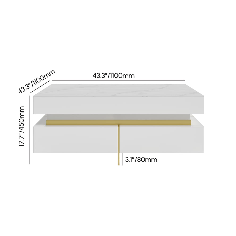 White Modern Square Coffee Table with Drawers Sintered Stone Top & Metal Legs weights dimensions image