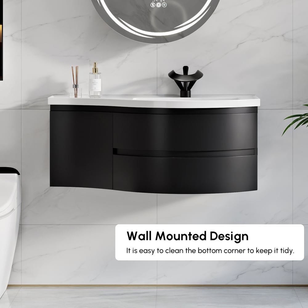 Floating Curved Bathroom Vanity in Black & Round LED Medicine Cabinet Set Right Offset window image