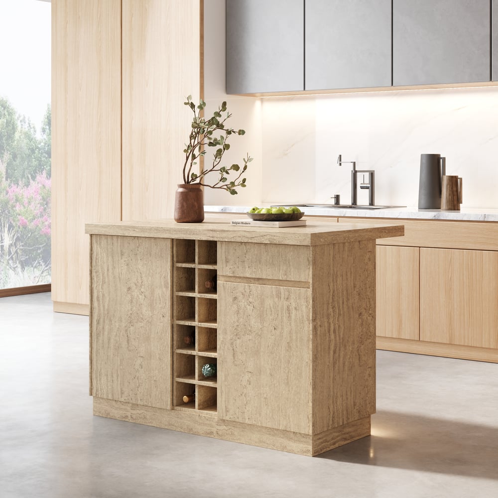 1830mm Japandi Kitchen lsland Grey & 2 Counter Stools Set Wooden Storage Cabinet window image