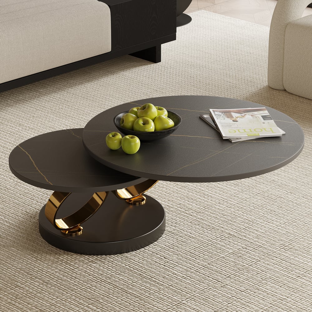 Modern Black Extendable Coffee Table with Ring-shaped Metal Pedestal window image