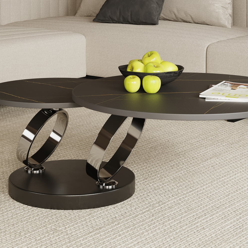 Černý rozkládací konferenční stolek s kovovým podstavcem ve tvaru prstence obrázek okna