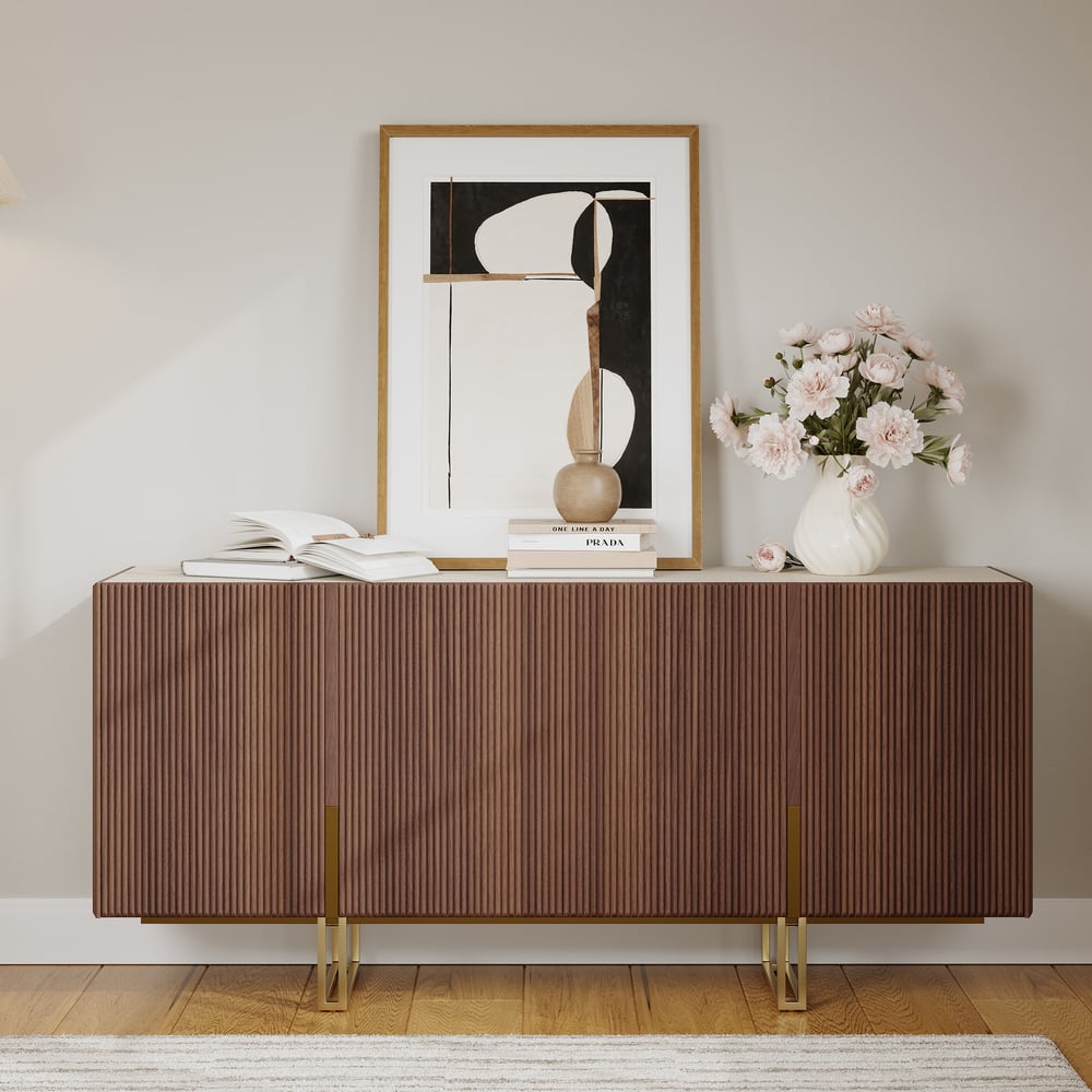 Credenza da buffet Grovyn, 1600 mm, piano in pietra sinterizzata, in noce scanalato, con ripiani regolabili Immagine della finestra