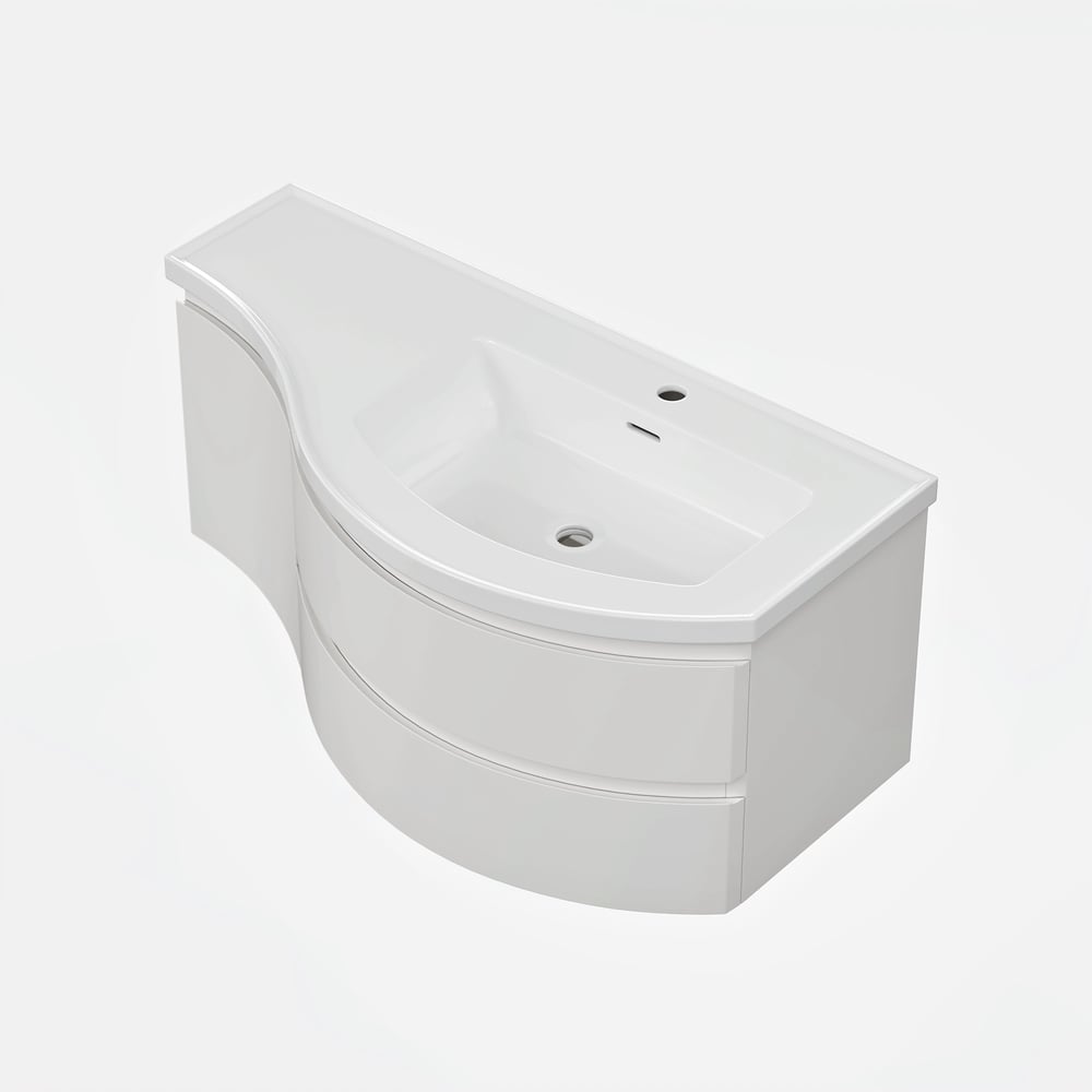 Mobile da bagno curvo galleggiante da 900 mm in mobile da bagno con lavandino singolo con offset destro bianco Immagine della finestra