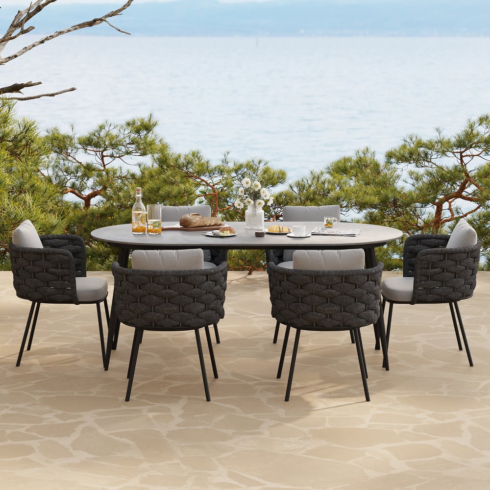 2-delige moderne eetkamerstoel van aluminium en touwen uit het midden van de eeuw, donkergrijs Vensterafbeelding