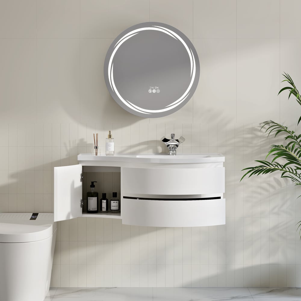 Mobile da bagno curvo galleggiante da 900 mm in mobile da bagno con lavandino singolo con offset destro bianco Immagine della finestra