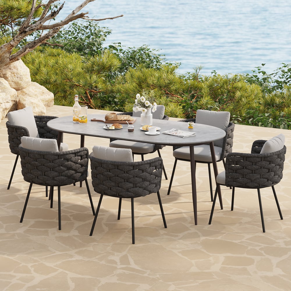 2-delige moderne eetkamerstoel van aluminium en touwen uit het midden van de eeuw, donkergrijs Vensterafbeelding