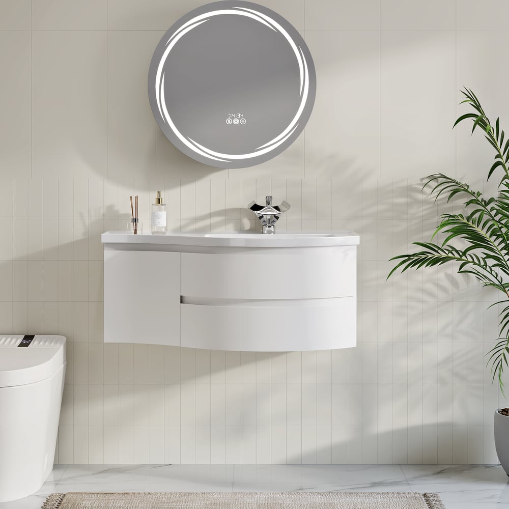 Floating Curved Bathroom Vanity in White & Round LED Medicine Cabinet Set Right Offset window image