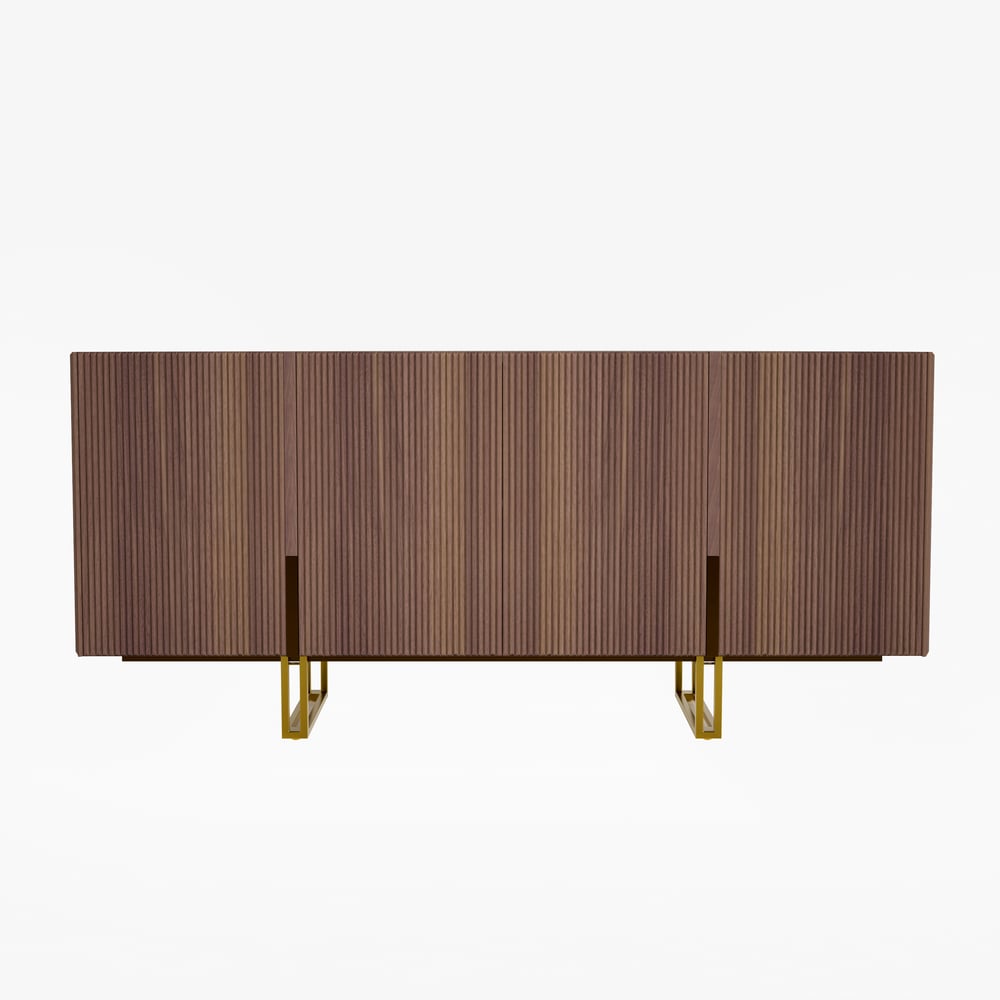 Credenza da buffet Grovyn, 1600 mm, piano in pietra sinterizzata, in noce scanalato, con ripiani regolabili Immagine della finestra