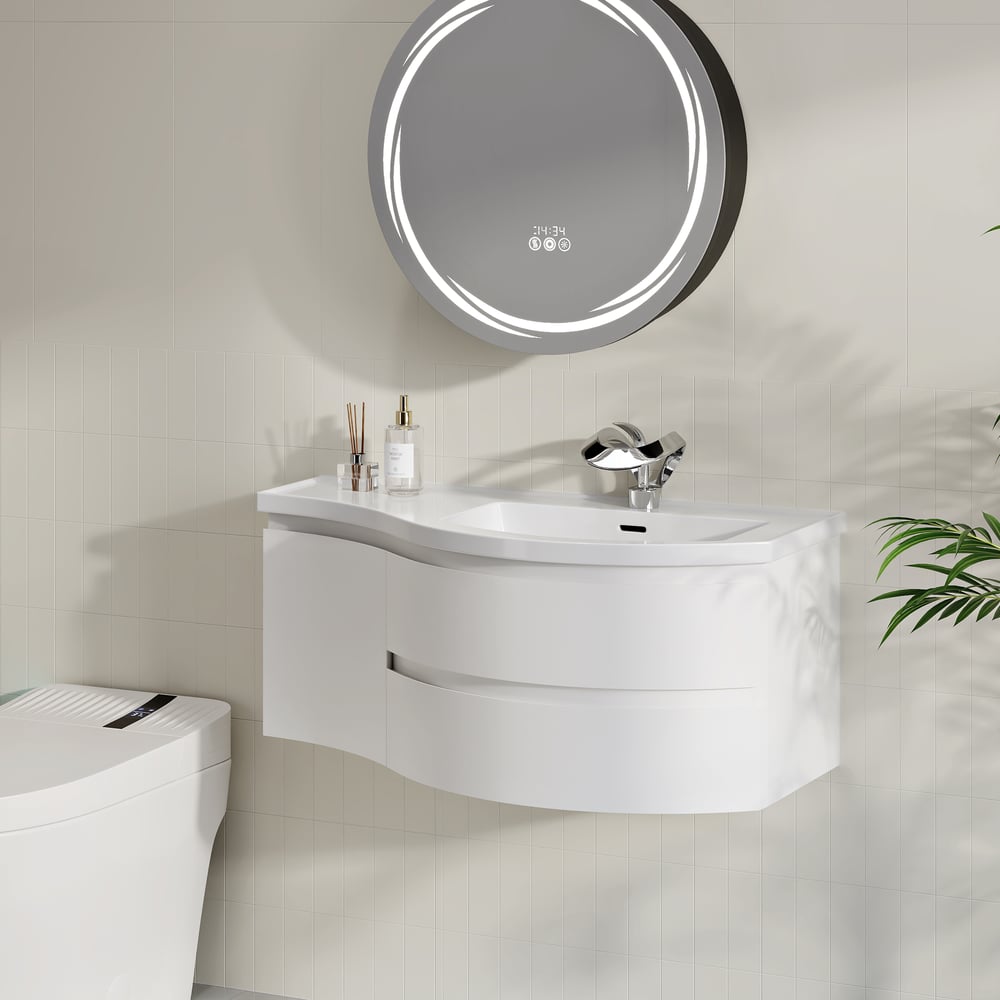 Mobile da bagno curvo galleggiante da 900 mm in mobile da bagno con lavandino singolo con offset destro bianco Immagine della finestra