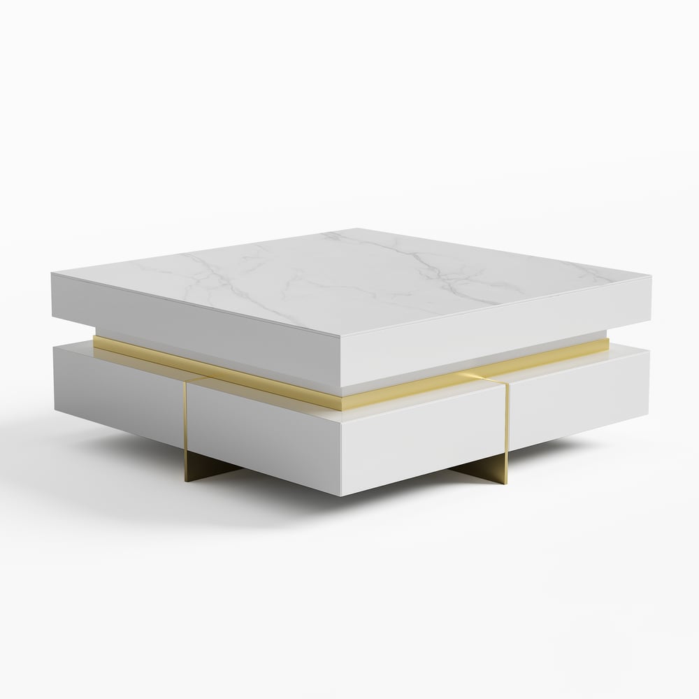 White Modern Square Coffee Table with Drawers Sintered Stone Top & Metal Legs window image
