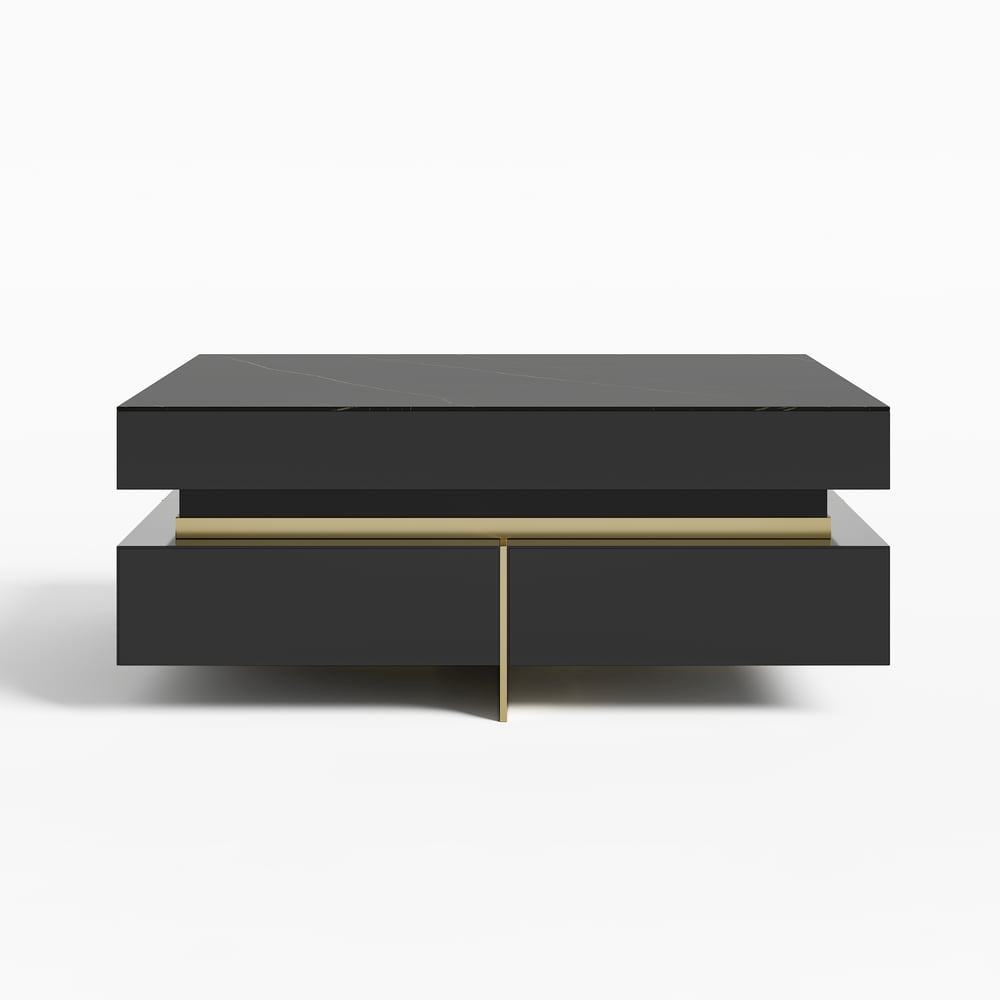 Black Modern Square Coffee Table with Drawers Sintered Stone Top & Metal Legs window image