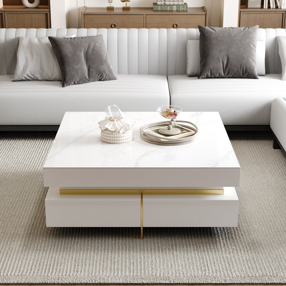 White Modern Square Coffee Table with Drawers Sintered Stone Top & Metal Legs window image