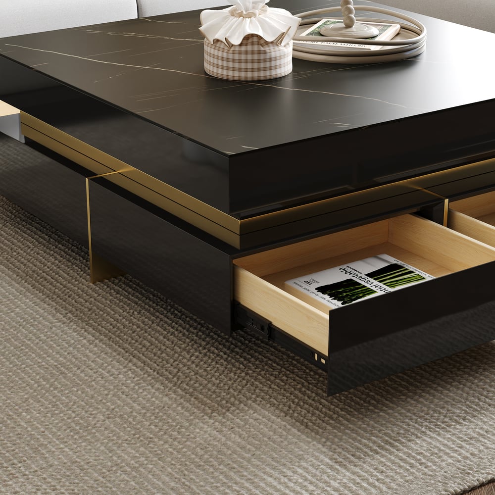 Black Modern Square Coffee Table with Drawers Sintered Stone Top & Metal Legs window image