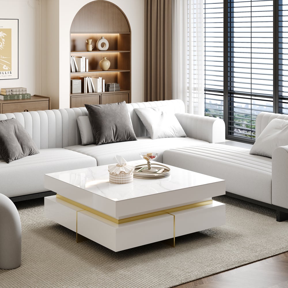 White Modern Square Coffee Table with Drawers Sintered Stone Top & Metal Legs window image