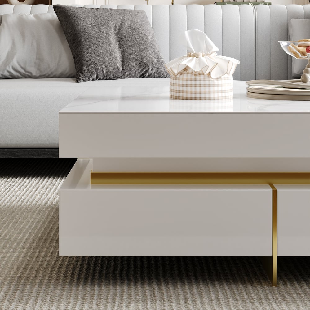 White Modern Square Coffee Table with Drawers Sintered Stone Top & Metal Legs window image