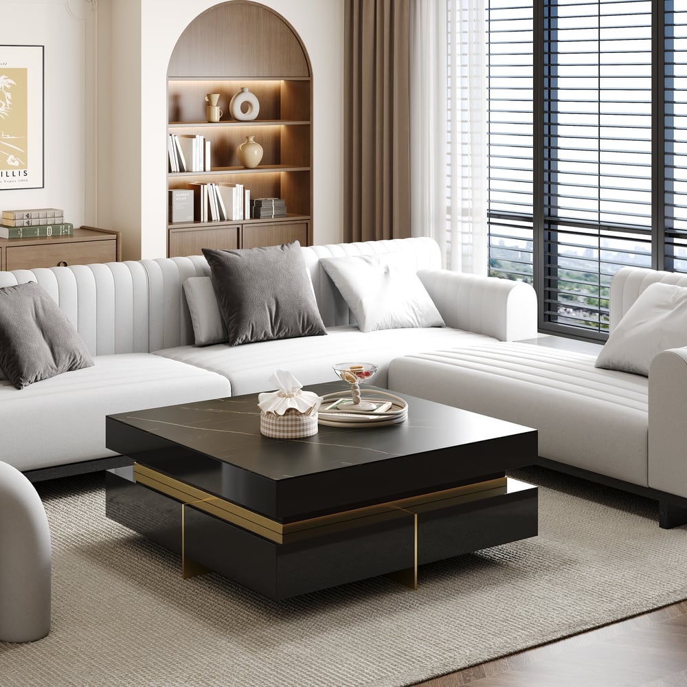 Black Modern Square Coffee Table with Drawers Sintered Stone Top & Metal Legs window image