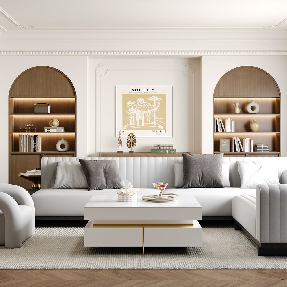 White Modern Square Coffee Table with Drawers Sintered Stone Top & Metal Legs window image