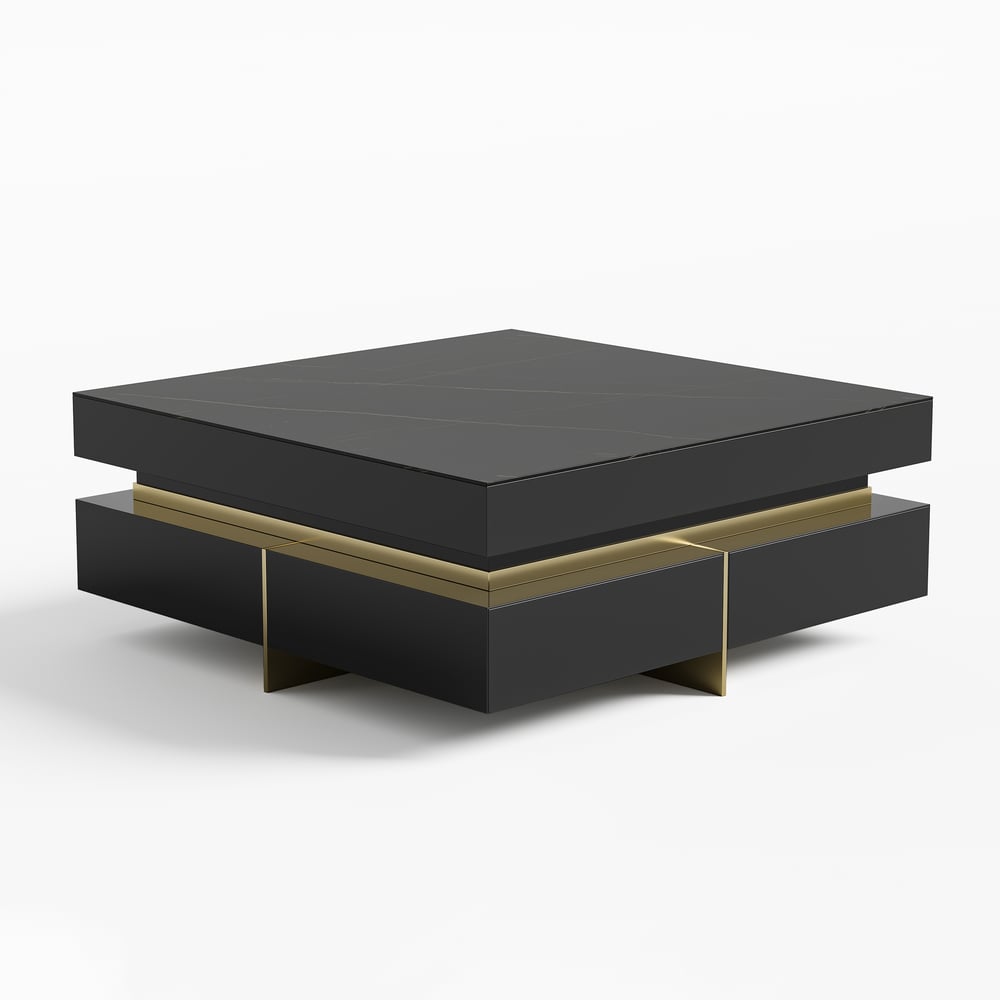Black Modern Square Coffee Table with Drawers Sintered Stone Top & Metal Legs window image