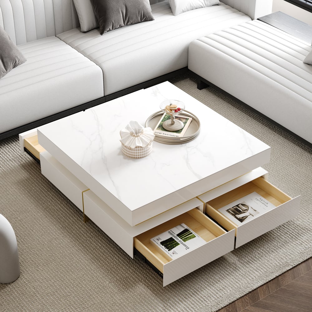 White Modern Square Coffee Table with Drawers Sintered Stone Top & Metal Legs window image