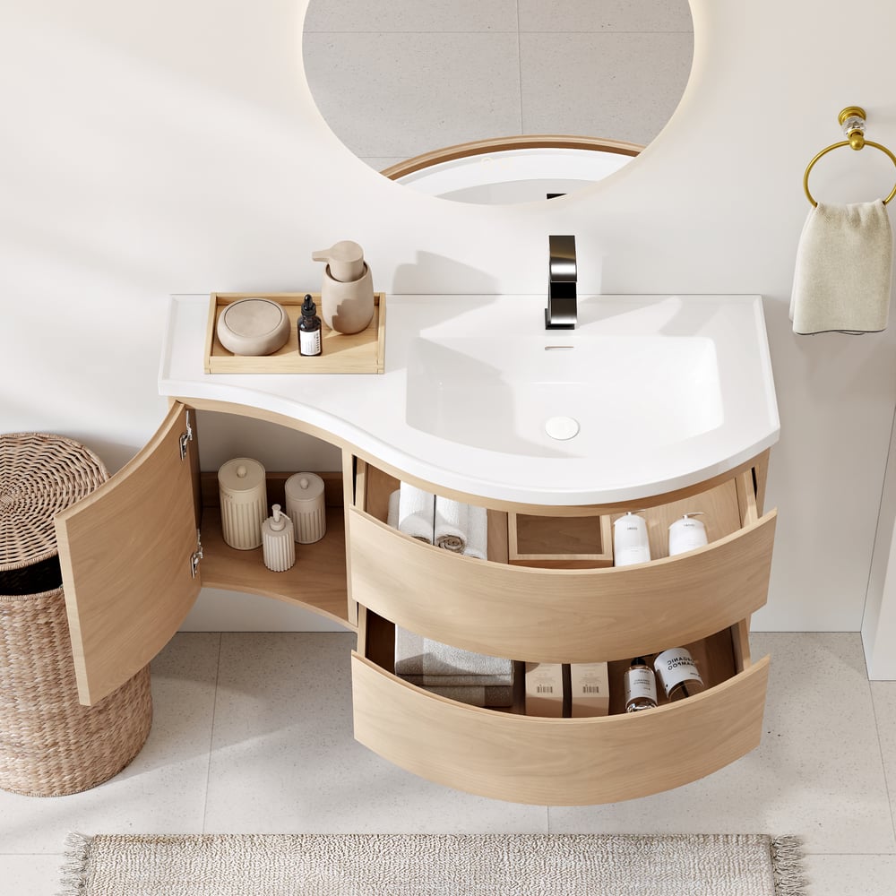 35.4" Floating Curved Bathroom Vanity Natural Right Offset Single Sink Bathroom Cabinet window image