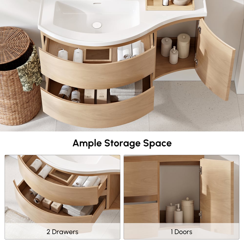 900mm Floating Curved Bathroom Vanity Natural Left Offset Single Sink Bathroom Cabinet window image