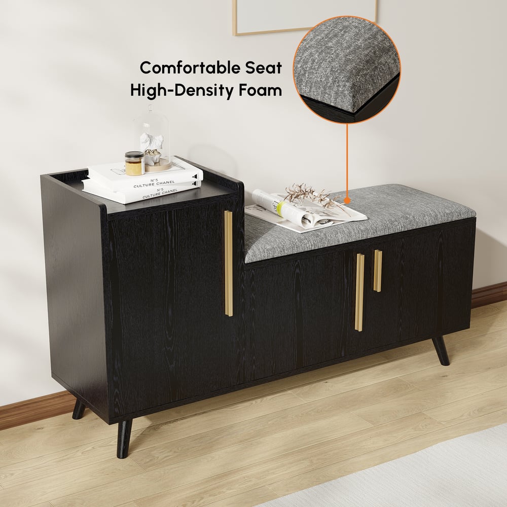 Banco de armazenamento de sapatos de madeira preta de 1200 mm com 3 portas e 5 prateleiras para entrada Imagem da janela