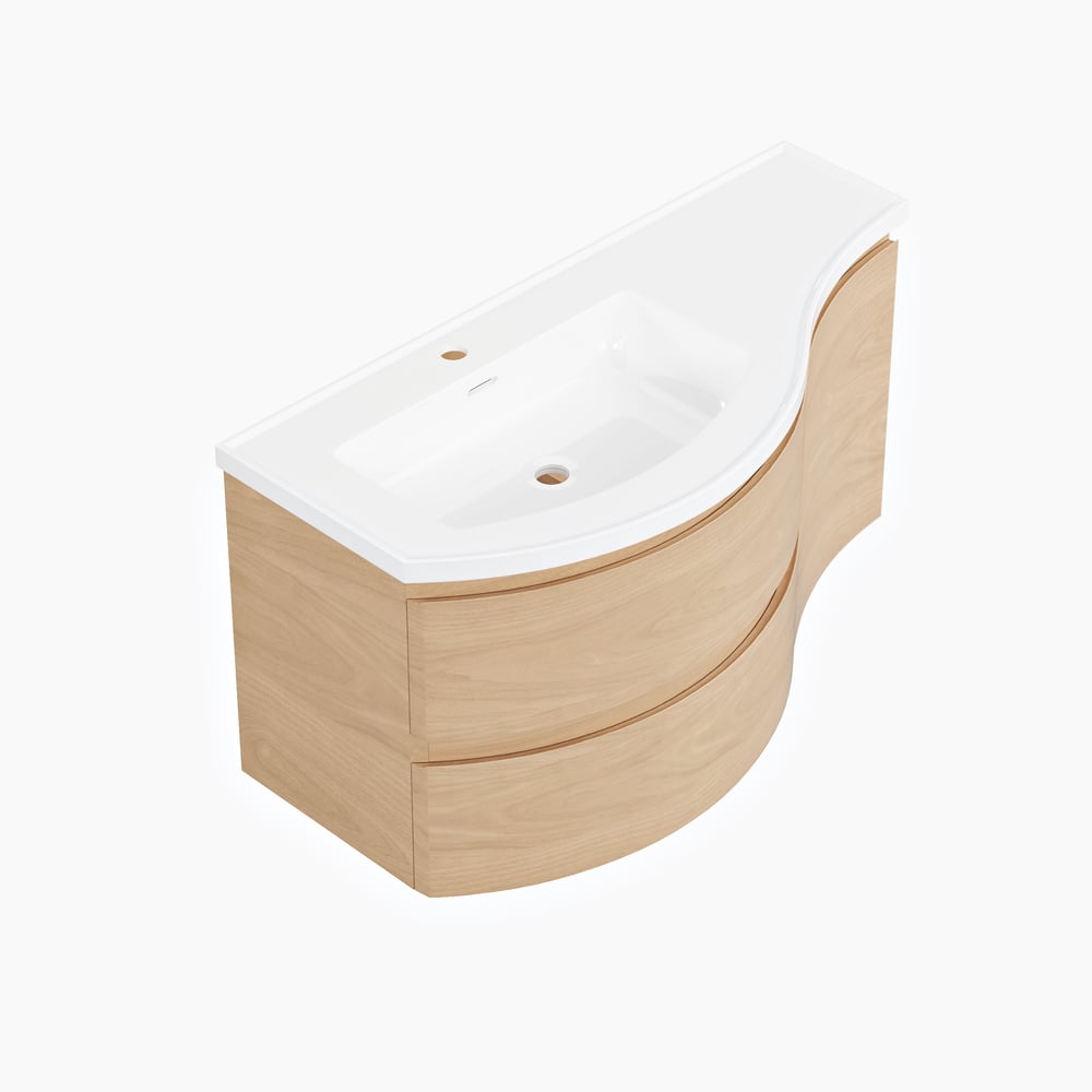 900mm Floating Curved Bathroom Vanity Natural Left Offset Single Sink Bathroom Cabinet window image
