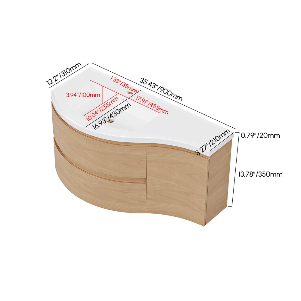 900mm Floating Curved Bathroom Vanity Natural Left Offset Single Sink Bathroom Cabinet weights dimensions image