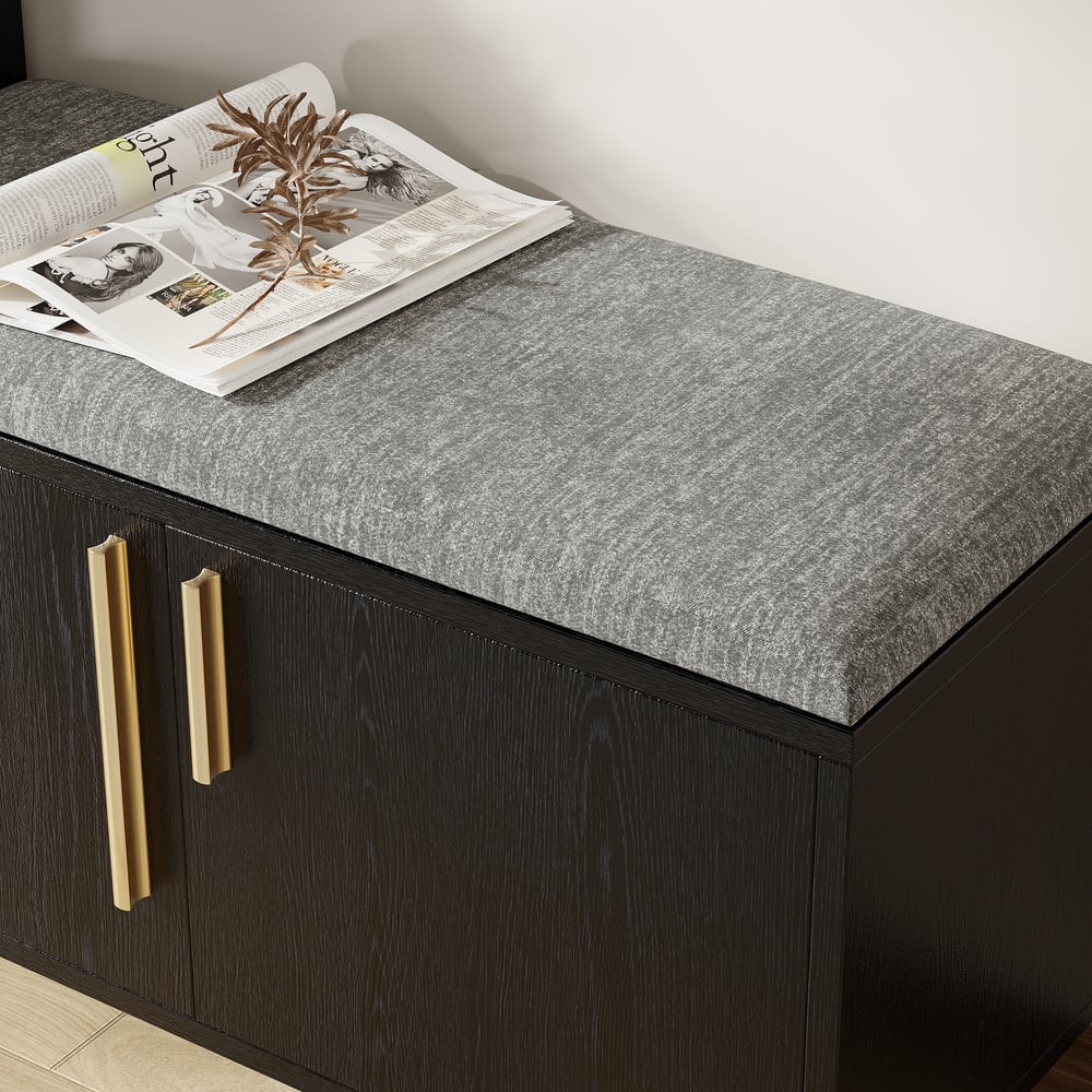 Banco de armazenamento de sapatos de madeira preta de 1200 mm com 3 portas e 5 prateleiras para entrada Imagem da janela