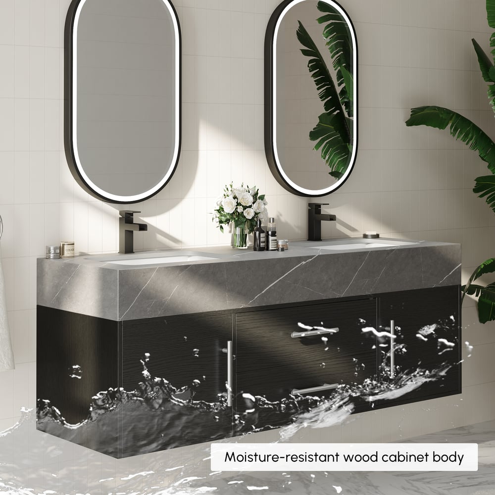 Vanité de salle de bain noire à double vasque de 1500 mm avec poignées argentées, design flottant image de fenêtre