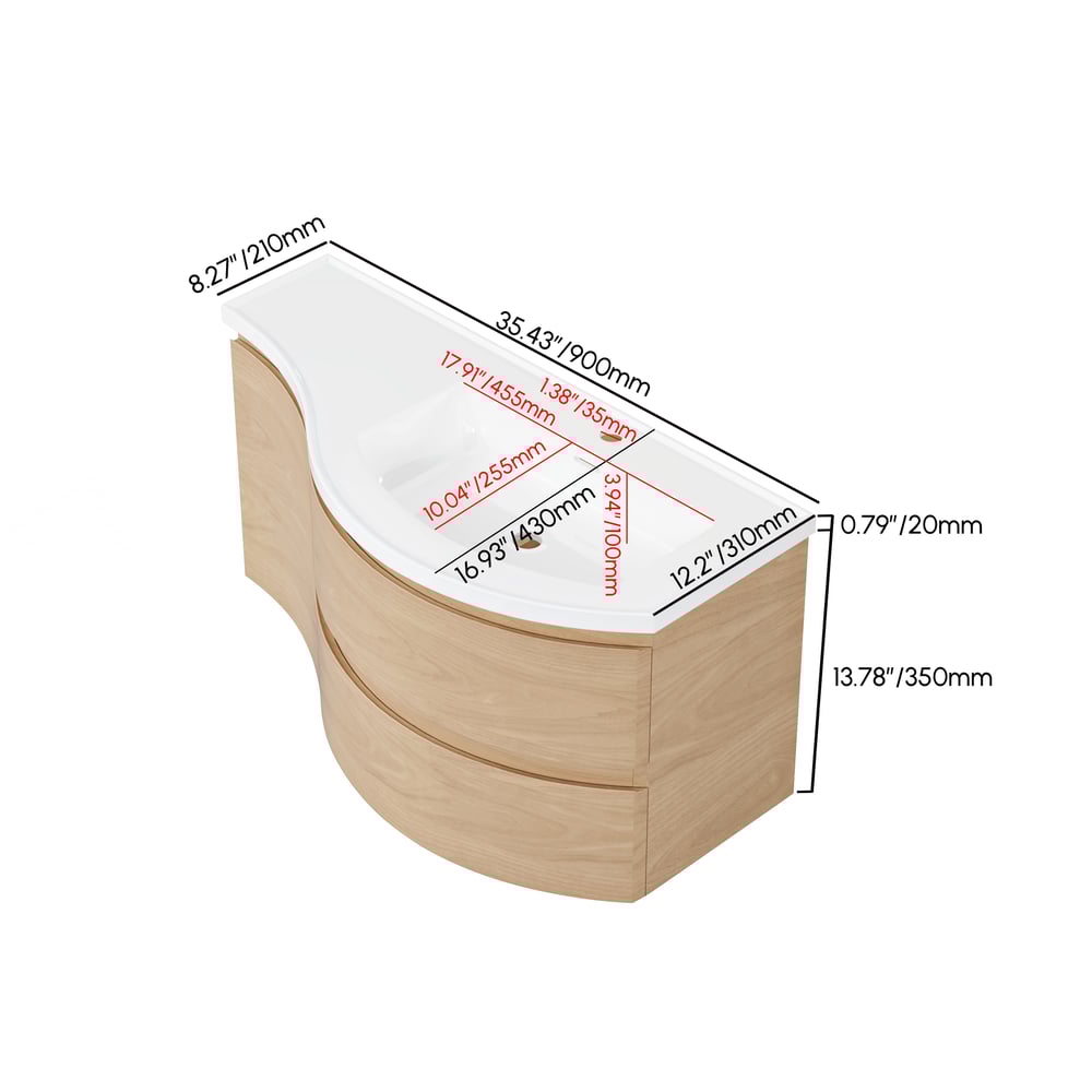 35.4" Floating Curved Bathroom Vanity Natural Right Offset Single Sink Bathroom Cabinet weights dimensions image