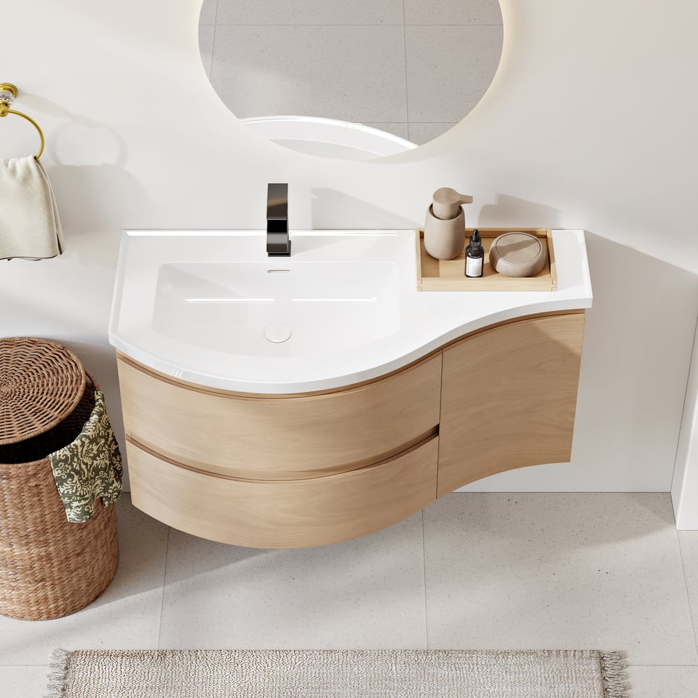 900mm Floating Curved Bathroom Vanity Natural Left Offset Single Sink Bathroom Cabinet window image