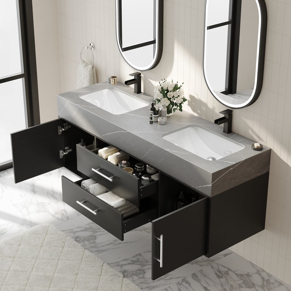 Vanité de salle de bain noire à double vasque de 1500 mm avec poignées argentées, design flottant image de fenêtre