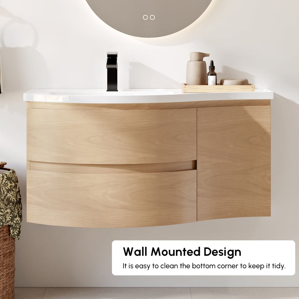 900mm Floating Curved Bathroom Vanity Natural Left Offset Single Sink Bathroom Cabinet window image