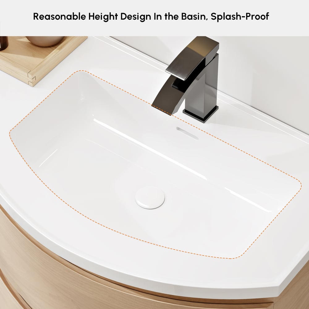 35.4" Floating Curved Bathroom Vanity Natural Right Offset Single Sink Bathroom Cabinet window image