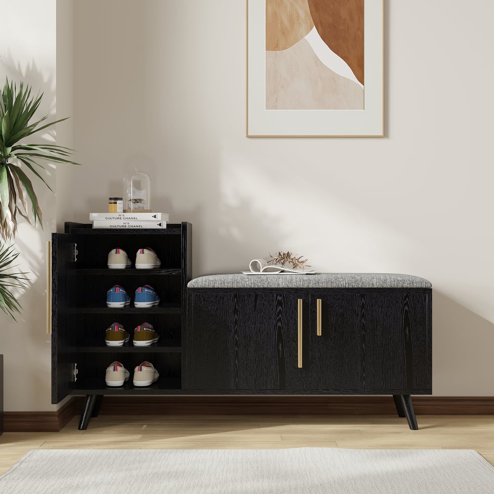 Banco de armazenamento de sapatos de madeira preta de 1200 mm com 3 portas e 5 prateleiras para entrada Imagem da janela